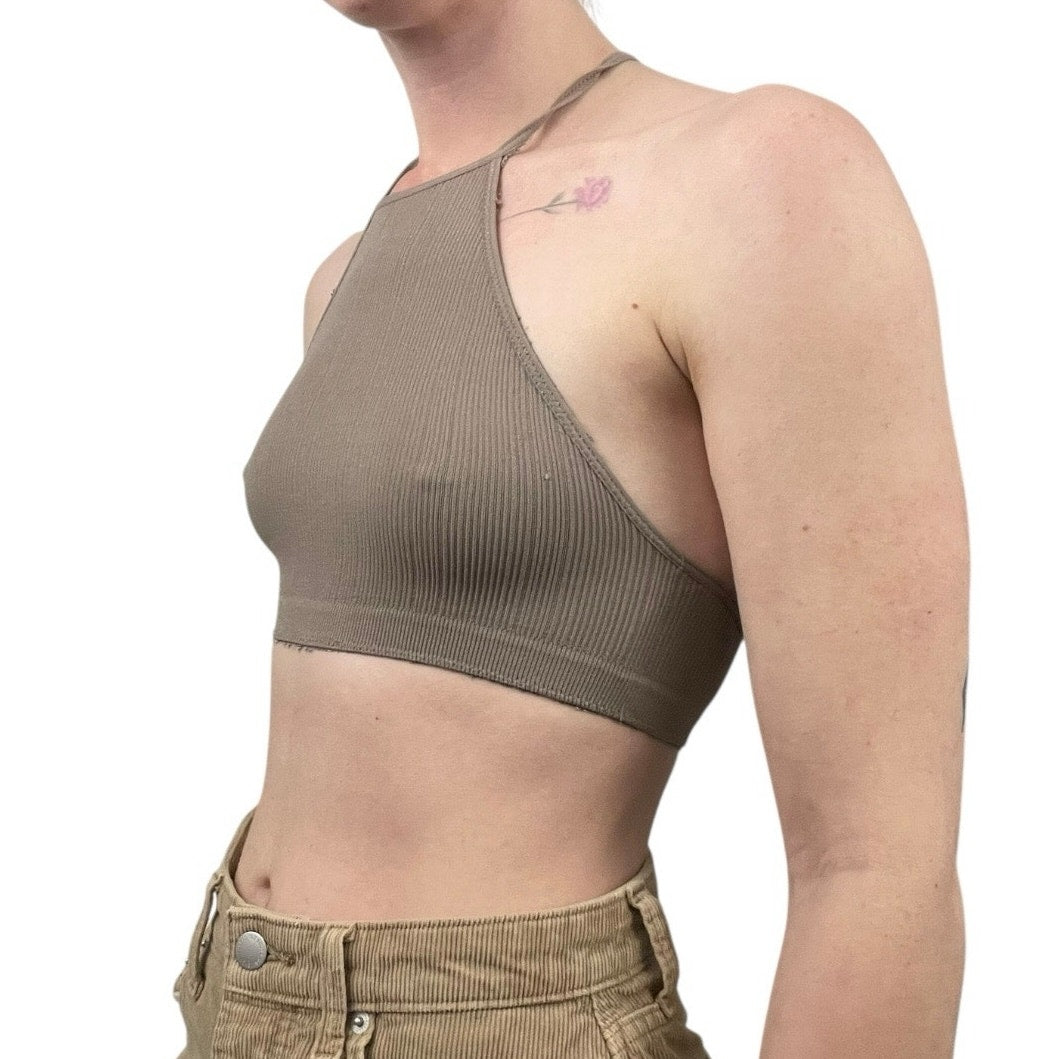 NWT Oniomania Brown Ribbed High Neck Open Back Bralette