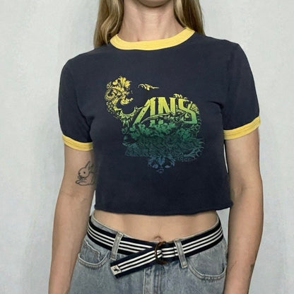 VANS Navy Blue & Yellow Floral Logo Ringer Cropped Top