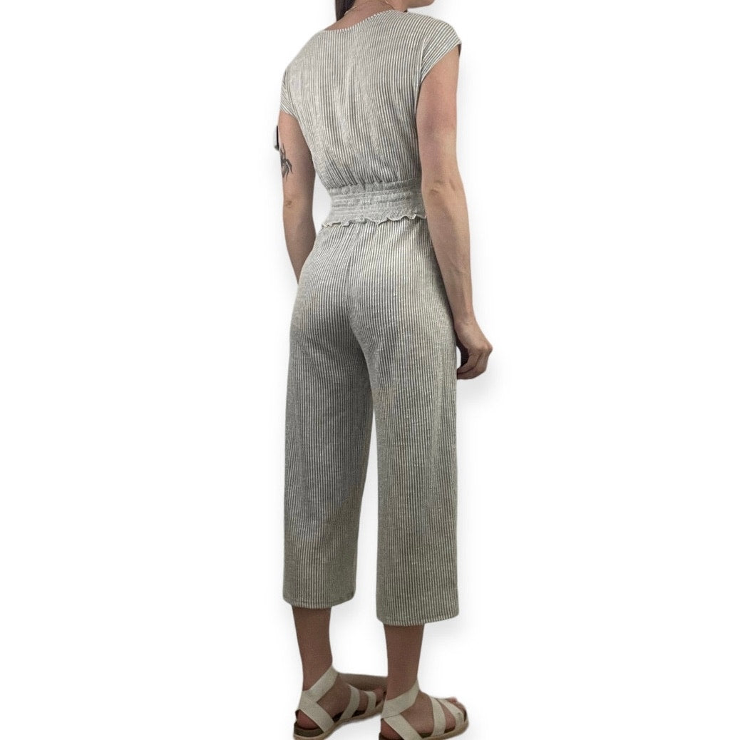 Soft Grey and White Pin Striped V-Neck Jumpsuit