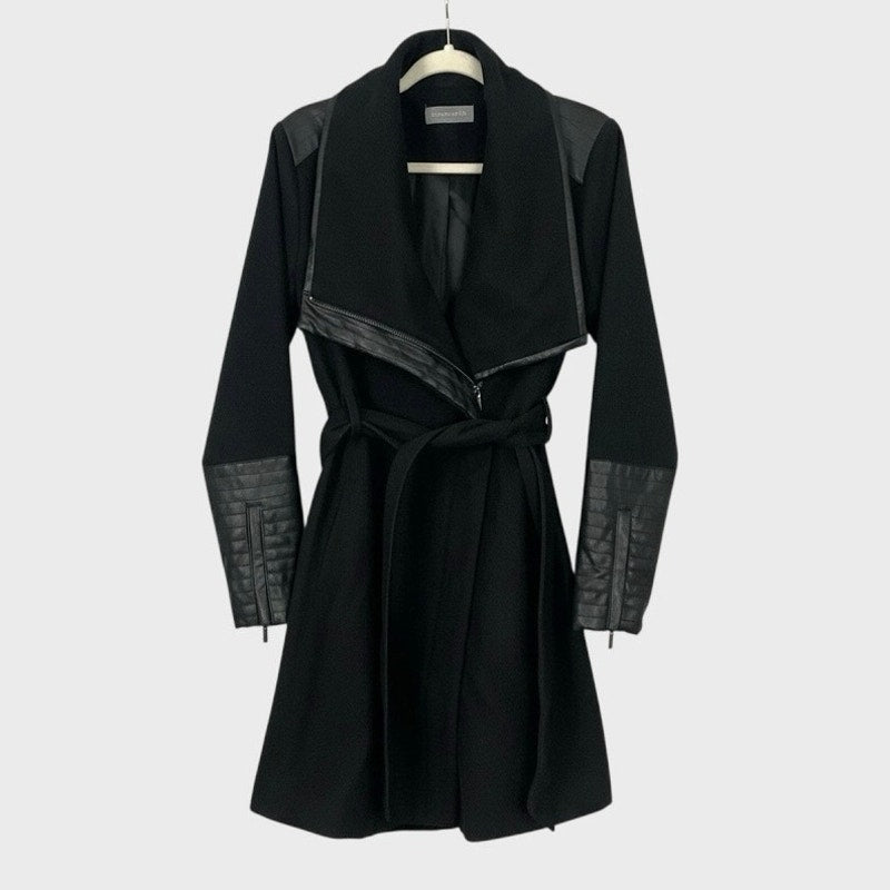 Bagatelle Black Faux Leather Trim Belted Moto Wrap Coat