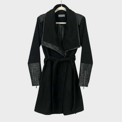 Bagatelle Black Faux Leather Trim Belted Moto Wrap Coat
