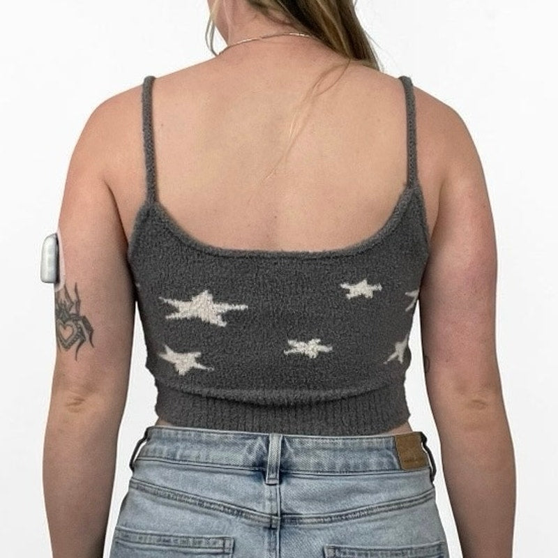 Nue Garage Fuzzy Grey & White Star Print Cropped Knit Tank Top