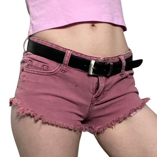 BDG Pink Distressed Low Rise Dolphin Mini Denim Shorts