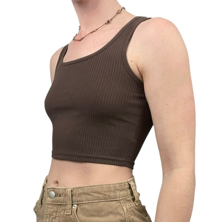 Brown Ribbed Cropped Tank Top