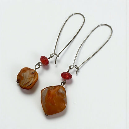 Vintage Orange Stone Pendant Red Beaded Earrings