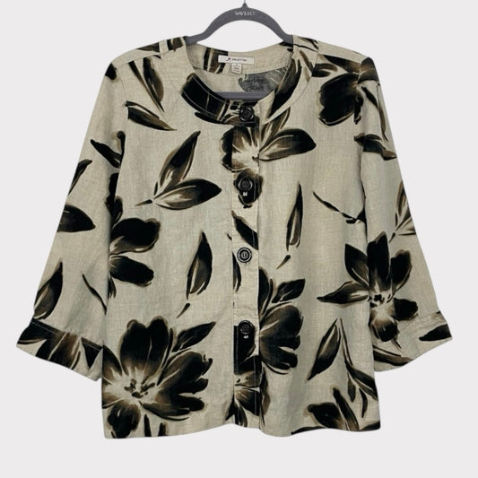 JM Collection Vintage Watercolor Cream & Brown Floral Button Down
