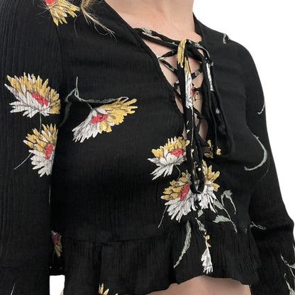 L.A. Hearts Black Floral Long Bell Sleeve Lace Up Cropped Top