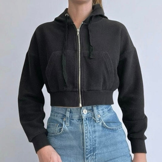 Forever 21 Black Corduroy Cropped Zip Up Hooded Jacket