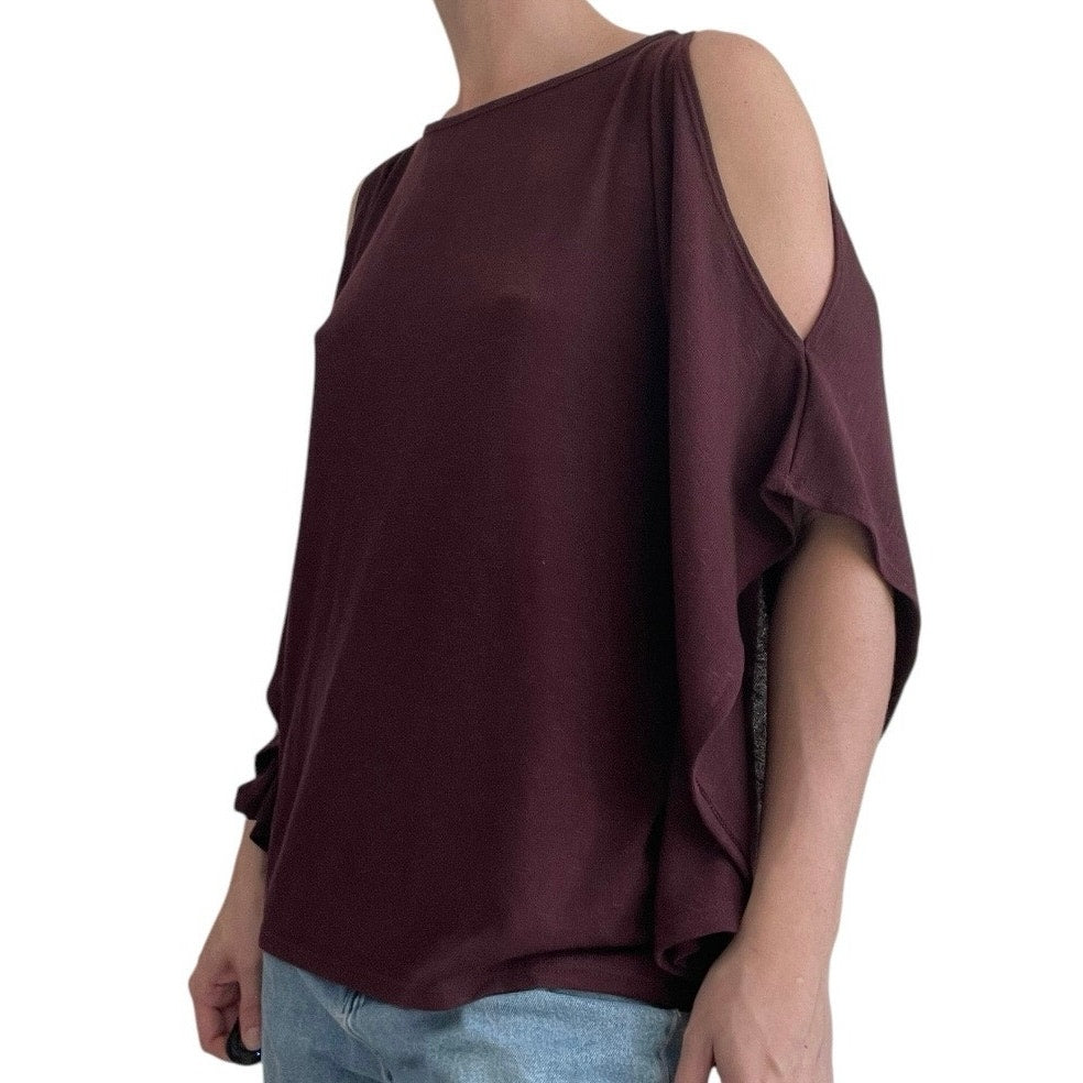 White House Black Market Maroon Cold Shoulder Blouse