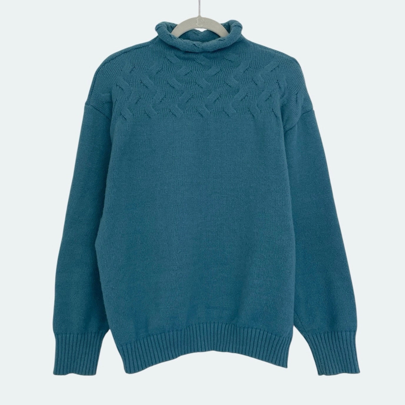 Blue Textured Cable Knit Turtleneck Sweater