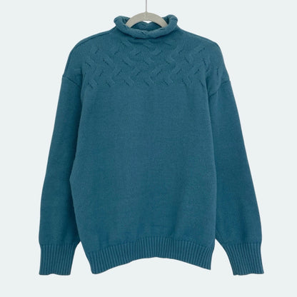 Blue Textured Cable Knit Turtleneck Sweater