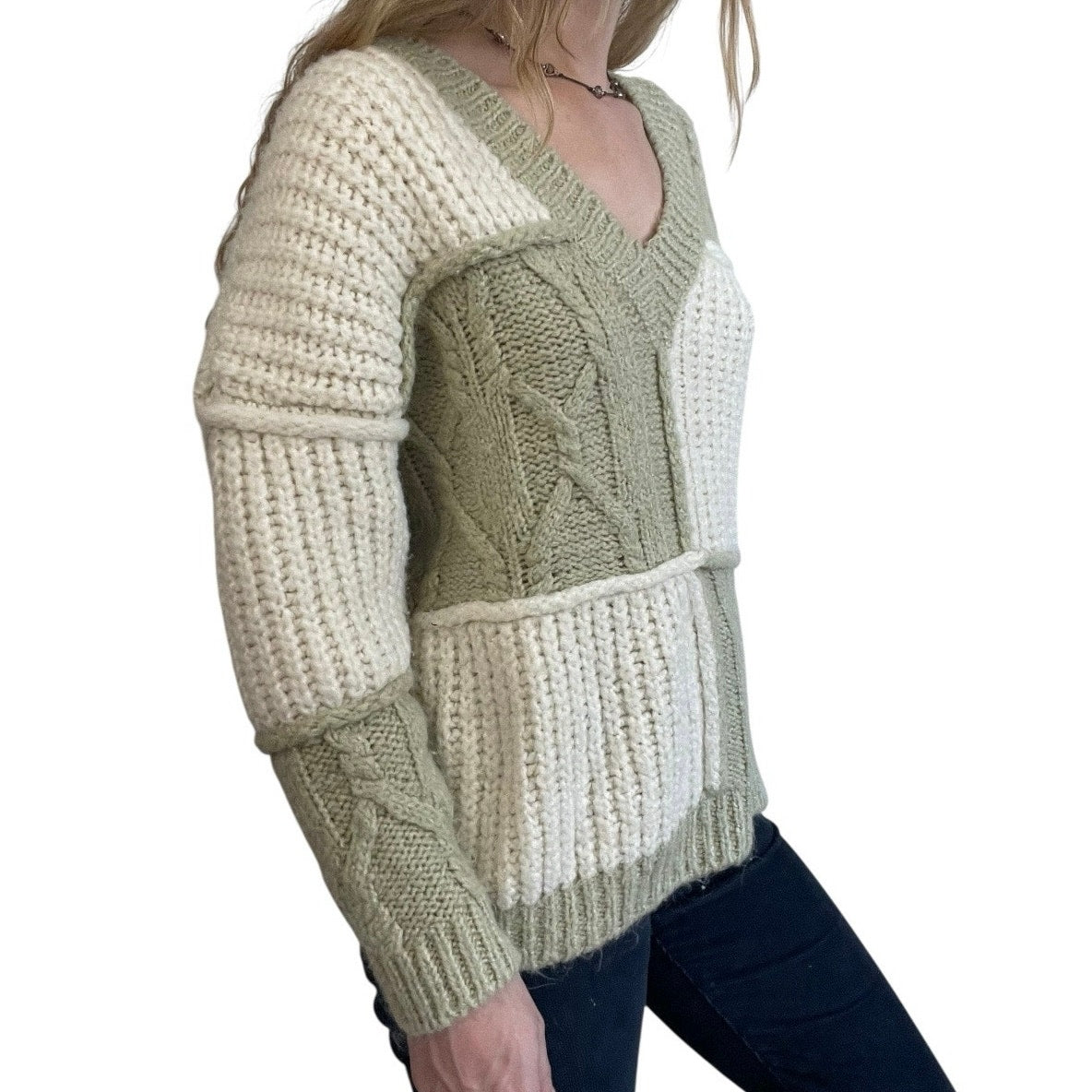 Zara Green & White Color Block Chunky Knit V-Neck Sweater