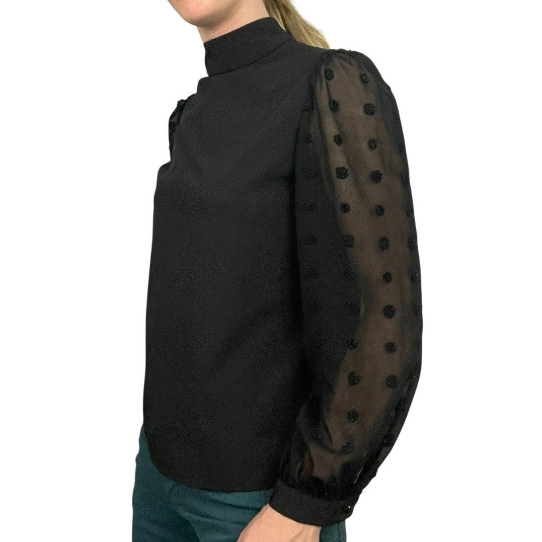 Black Puff Sheer Textured Sleeve High Neck Blouse