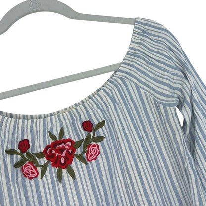 LA Hearts Striped Embroidered Rose Off the Shoulder Bell Sleeve Blouse