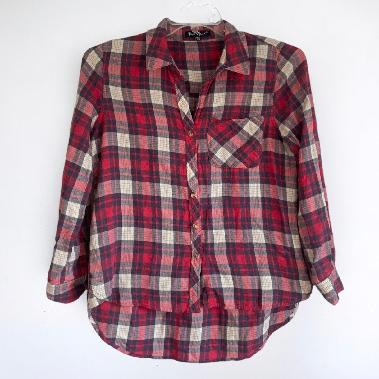 Velvet Heart Soft Red and Navy Blue Plaid Button Down Top