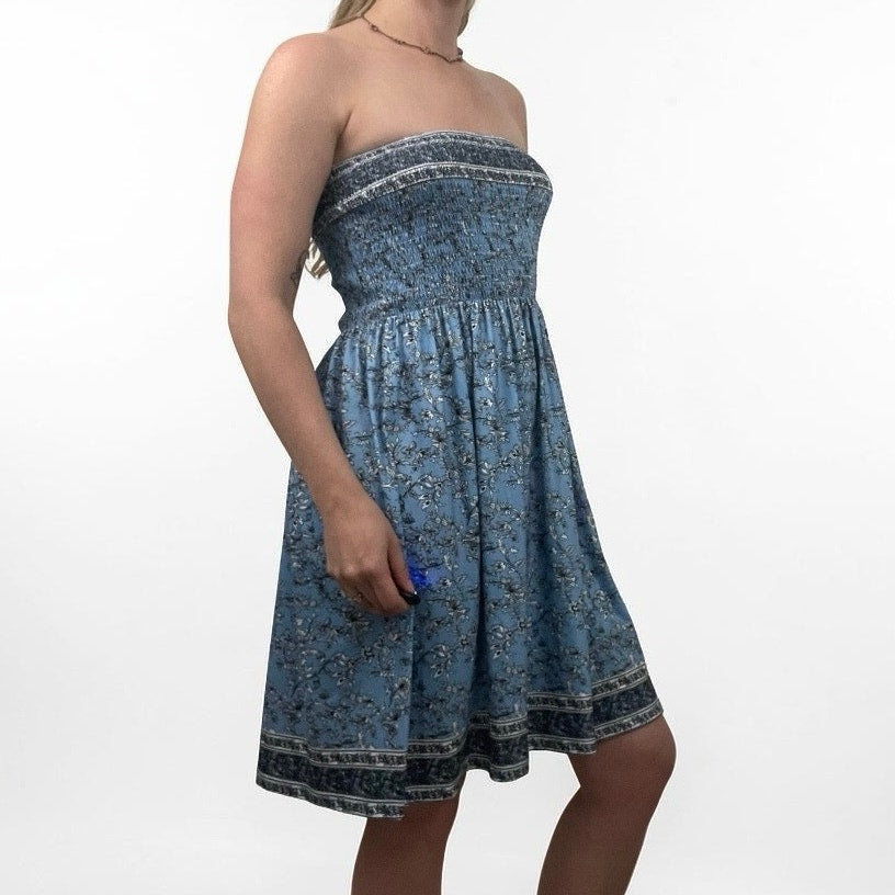 Blue Floral Boho Strapless Mini Dress