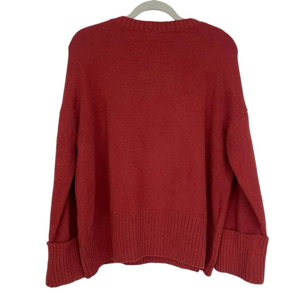 Red Textured Knit Cuffed Sleeve Crewneck Sweater