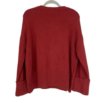 Red Textured Knit Cuffed Sleeve Crewneck Sweater