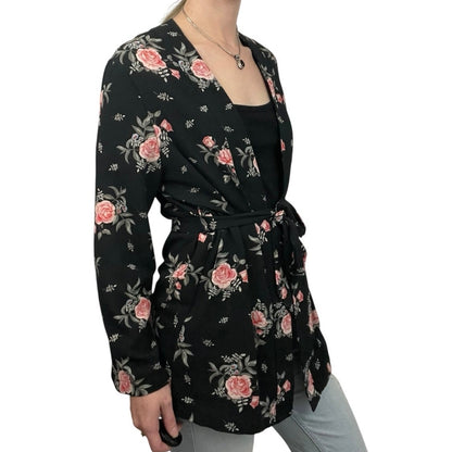 Divided by H&M Black & Pink Floral Tie Front Kimono Top