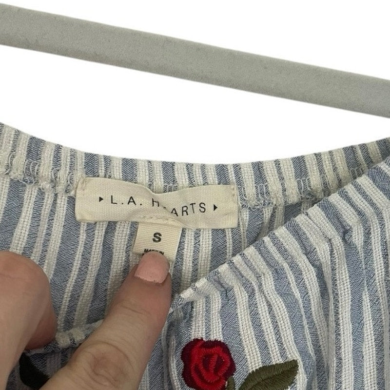 LA Hearts Striped Embroidered Rose Off the Shoulder Bell Sleeve Blouse