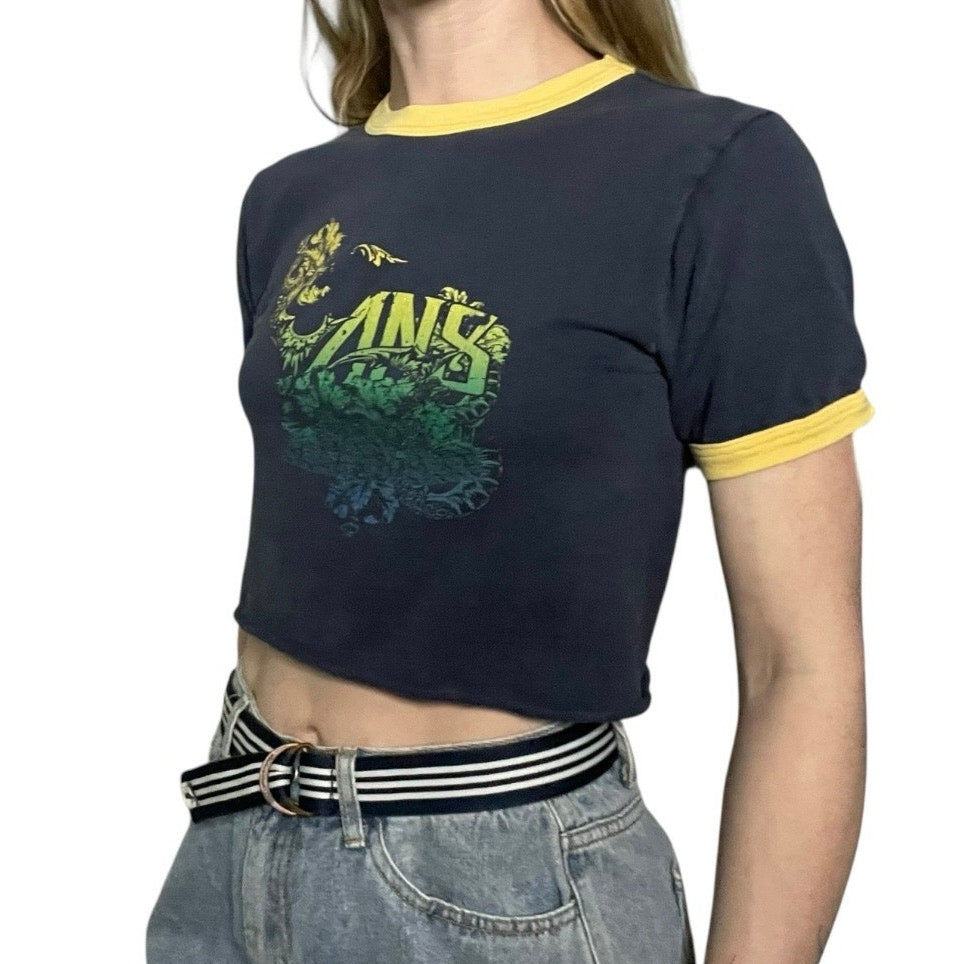 VANS Navy Blue & Yellow Floral Logo Ringer Cropped Top