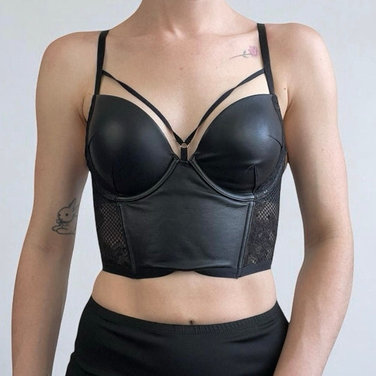 Victoria’s Secret Black Leather & Lace Very Sexy Push-Up Corset Top