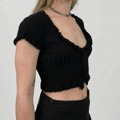 Better Be Black Ribbed Cropped Button Down Ruffled Short Sleeve Top