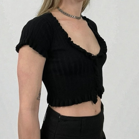 Better Be Black Ribbed Cropped Button Down Ruffled Short Sleeve Top