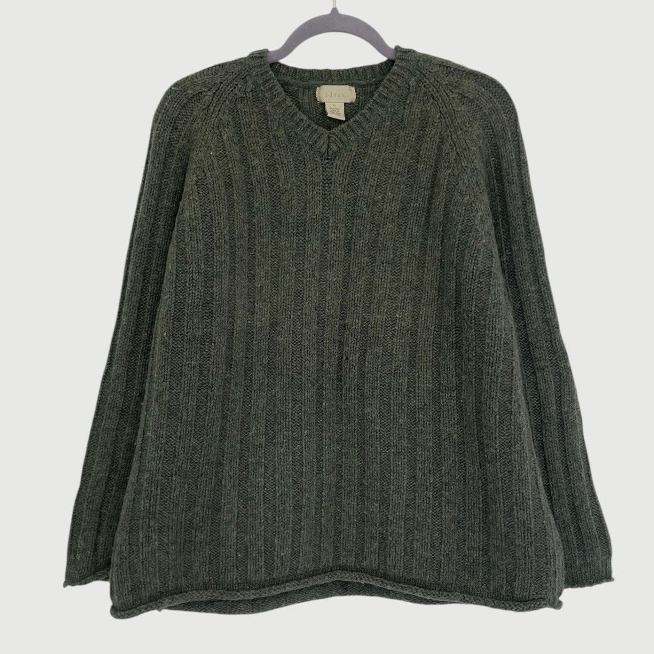 J. Jill Green Wool Knit V-Neck Sweater