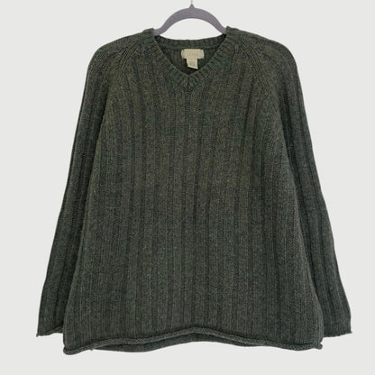 J. Jill Green Wool Knit V-Neck Sweater
