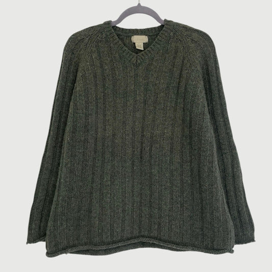 J. Jill Green Wool Knit V-Neck Sweater