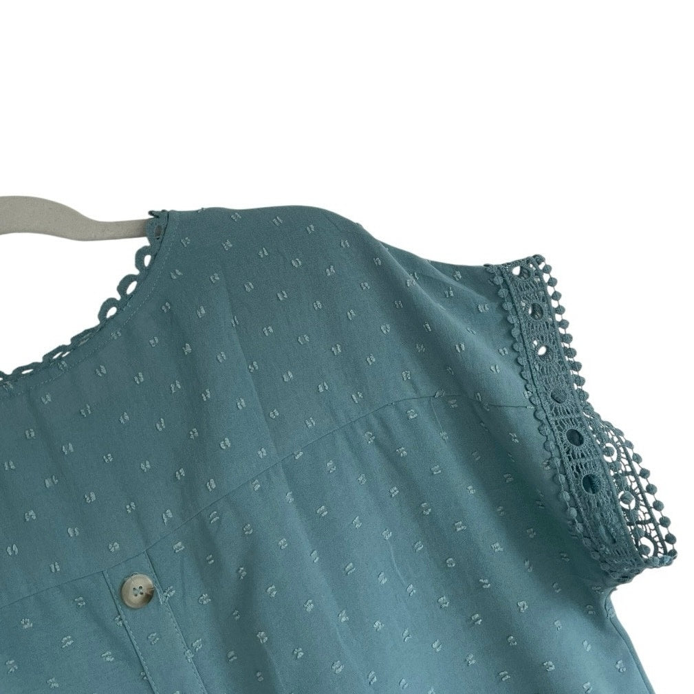 Sheer Teal Swiss Dot Short Sleeve Lace Trim Blouse