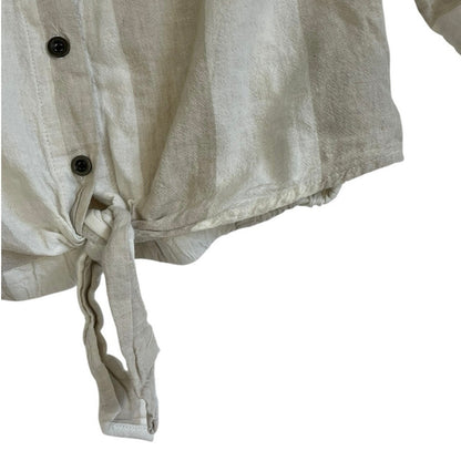 BDG Beige & White Striped Cropped Tie Front Button Down Blouse