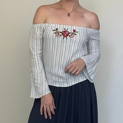 LA Hearts Striped Embroidered Rose Off the Shoulder Bell Sleeve Blouse