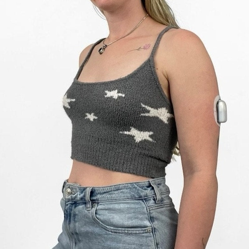 Nue Garage Fuzzy Grey & White Star Print Cropped Knit Tank Top