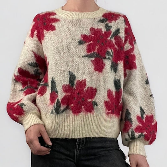 Zuiki Cream and Red Floral Knit Sweater