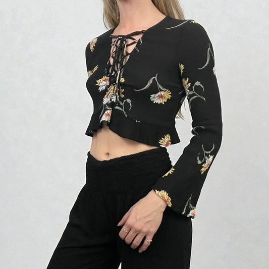 L.A. Hearts Black Floral Long Bell Sleeve Lace Up Cropped Top