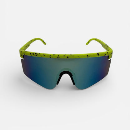 Neon Yellow & Black Splatter Frame Blue Lens Shield Sunglasses