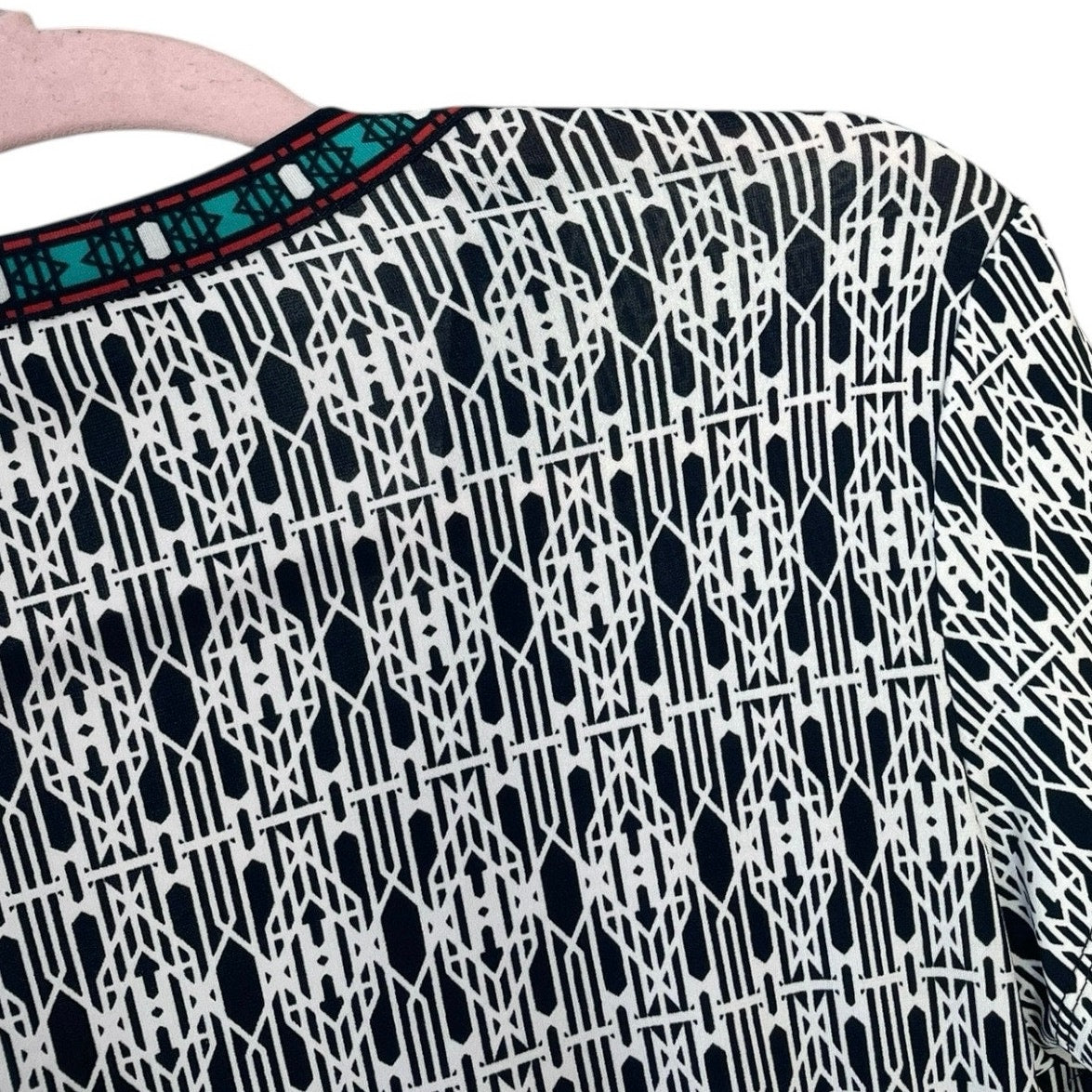 Max Studio Black & White Geometric Teal Trim V-Neck Mini Tie Back Wrap Dress