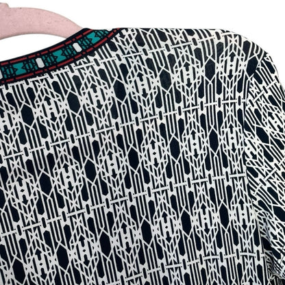 Max Studio Black & White Geometric Teal Trim V-Neck Mini Tie Back Wrap Dress