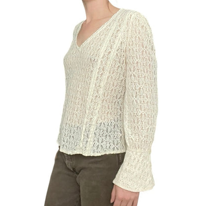 Hinge Sheer Lace Cream Boho Long Bell Sleeve V-Neck Blouse