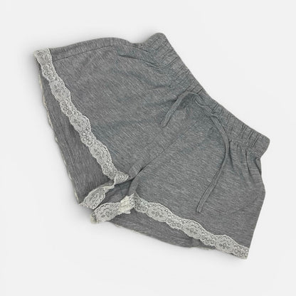 Grey & White Lace Trim Casual Lounge Mini Shorts