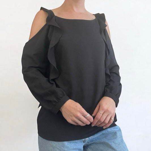 Chico’s Black Ruffled Cold Shoulder Long Sleeve Blouse