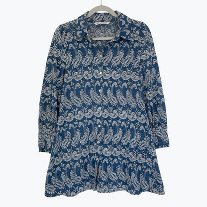 Zara Blue Boho Eyelet Embroidered Button Down Tunic Blouse
