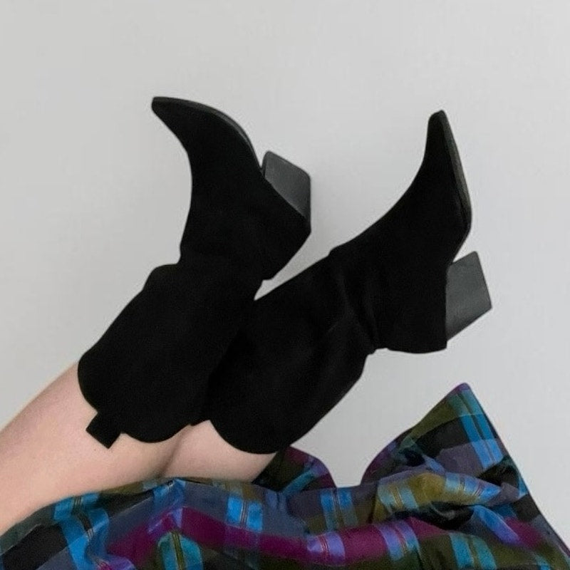 Black Faux Suede Pointed Toe Mid-Calf Heeled Boots