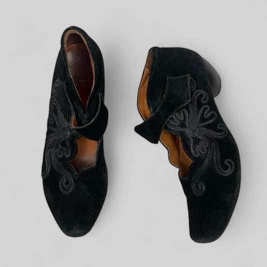 Think! Black Suede Embroidered Heeled Booties