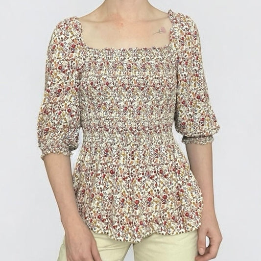 Max Studio Floral Half Puff Sleeve Square Neck Ruched Blouse