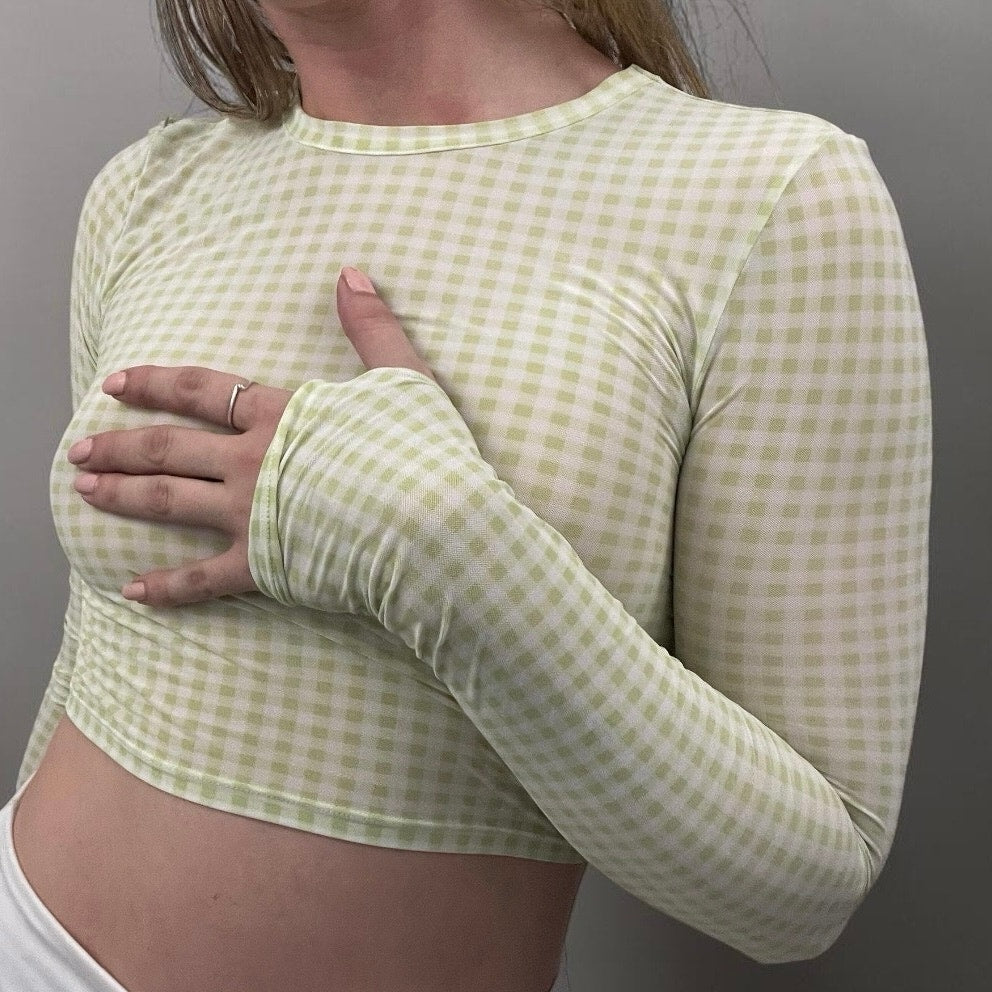 ALO Yoga Sheer Green Gingham Long Sleeve Cropped Top