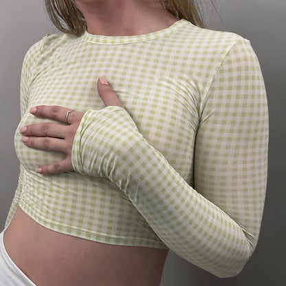 ALO Yoga Sheer Green Gingham Long Sleeve Cropped Top