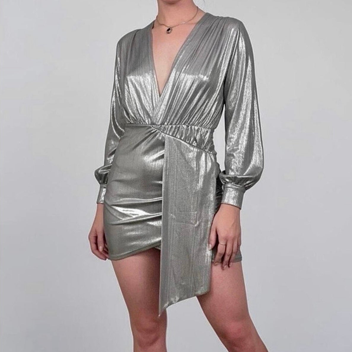 Silver Metallic Draped Long Sleeve Plunge Neck Mini Dress